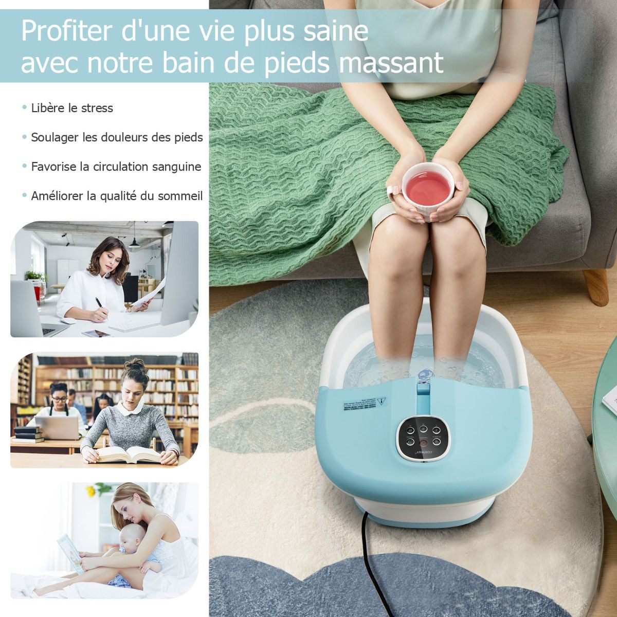 Bain De Pieds Massant Pliable Lumière Rouge Température Réglable Avec Télécommande Massage Au Rouleau Vert/Bleu/Vert Foncé