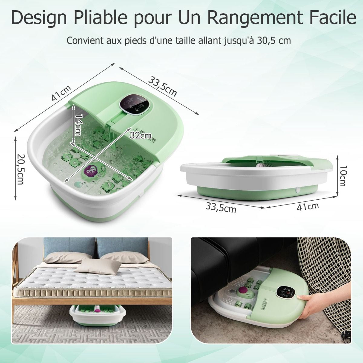 Bain De Pieds Massant Pliable Lumière Rouge Température Réglable Avec Télécommande Massage Au Rouleau Vert/Bleu/Vert Foncé